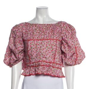 Loeffler Randall Strawberry Floral Print Puff Sleeve Cotton Blouse LIKE NEW lg